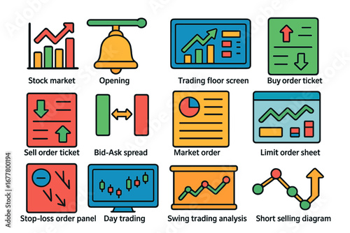 Finance, trading flat icon set. stock market, analysis, investment icons collection