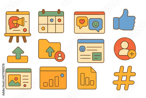 Social media marketing flat icon set. promotion, engagement icons flat collection
