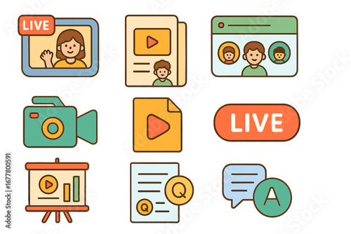 Live streaming flat icon set. video, chat, online communication icons.