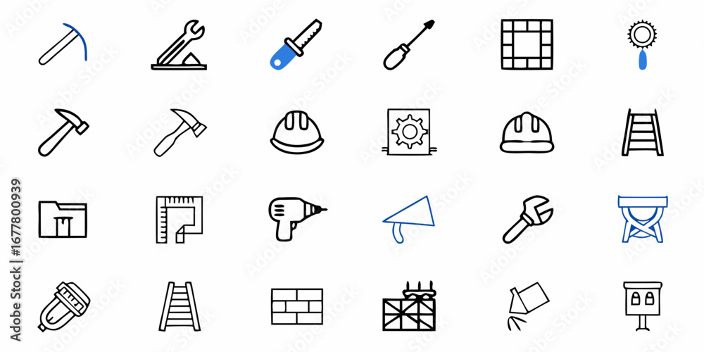 Naklejka premium Illustration of various construction tools including hammer, drill, wrench, ladder and safety helmet