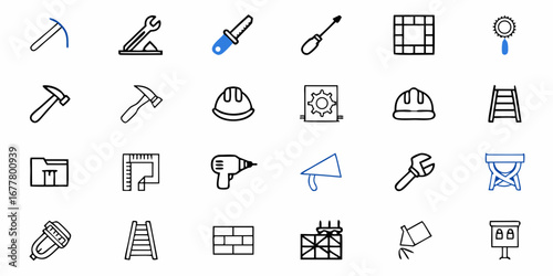 Illustration of various construction tools including hammer, drill, wrench, ladder and safety helmet