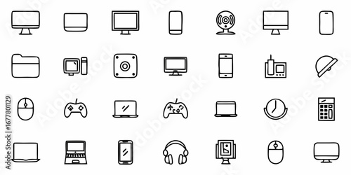 Collection of various outline icons representing electronic devices and office related items in a grid