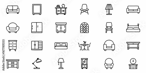Illustration of furniture icons including sofas, chairs, tables, beds, lamps, and storage units in black outline