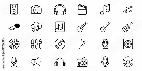 Collection of music and audio equipment icons including instruments and recording devices in black outline