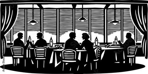 Silhouetted figures dining at a long table in a restaurant with window blinds and hanging lights above