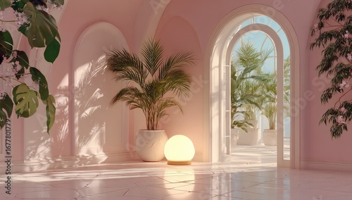 Pink archway room with plants. Sunlight streams in