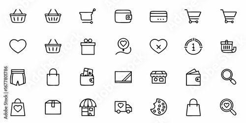 Collection of shopping related icons including baskets carts wallets cards gifts and delivery truck design
