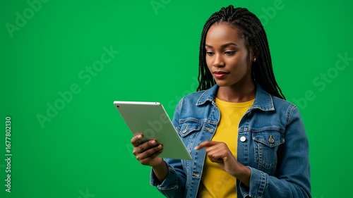 Young Black Woman in Denim Jacket Using Tablet for Browsing on Green Screen