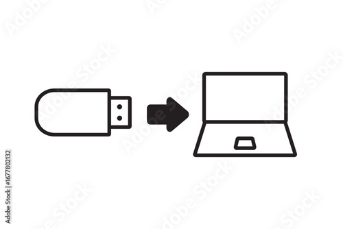 ノートパソコンへUSBメモリを挿入するデータ保存と移動の概念イラスト