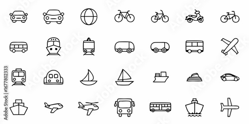 Collection of transportation icons including cars, bikes, boats, planes and other vehicles shown in black