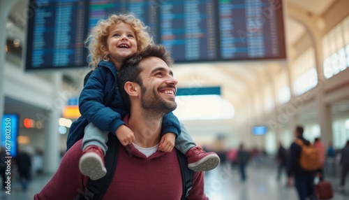 Joyful father carrying his smiling daughter at the airport