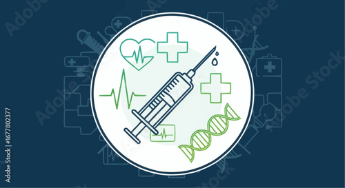 Health, medicine and nursing vector  medical healthcare concept with syringe dna heart beat and cross for health treatment and vaccination 100