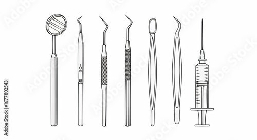 Health, medicine and nursing vector  dental tools vector illustration featuring mirror probe tweezers and syringe for dentist office equipment needs