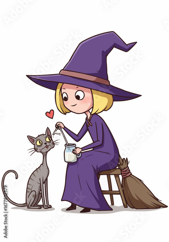 Playful Stick Witch Pouring Milk for Skinny Cat from Above Vector