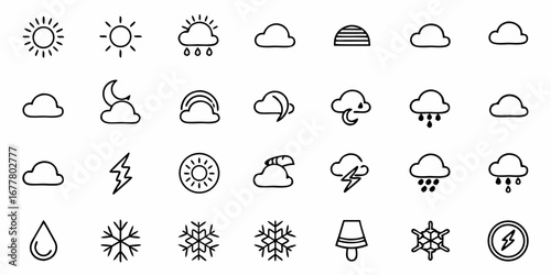 Illustration of weather icons depicting sun, clouds, rain, snow, lightning, and other weather conditions