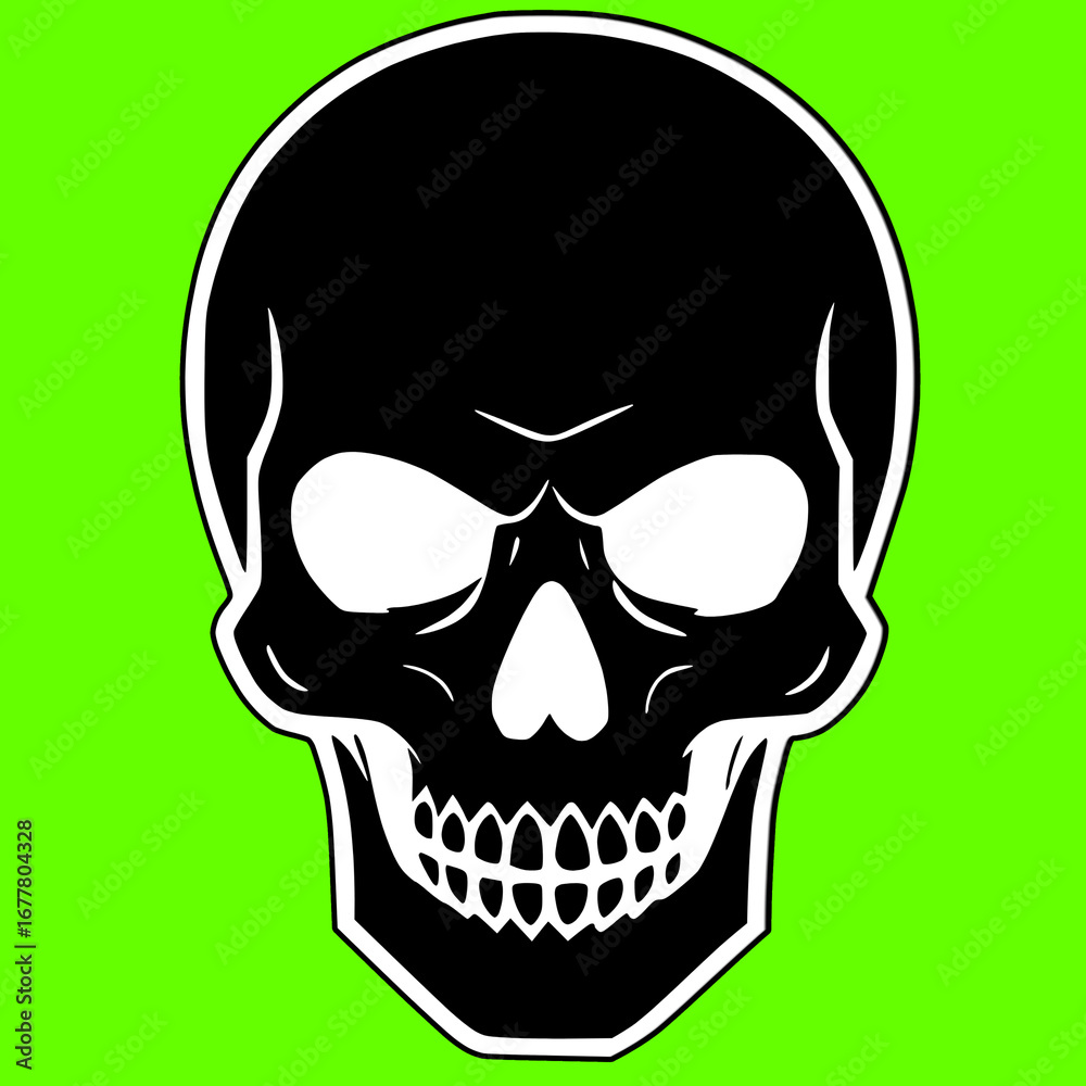 Fototapeta premium Black skull icon logo, tattoo, sticker halloween isolated green background