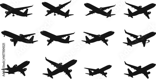 Silhouettes of commercial airplanes, aircraft in flight, aviation design, passenger jets, air travel, airline industry, transportation, black shapes, white background, vector illustration