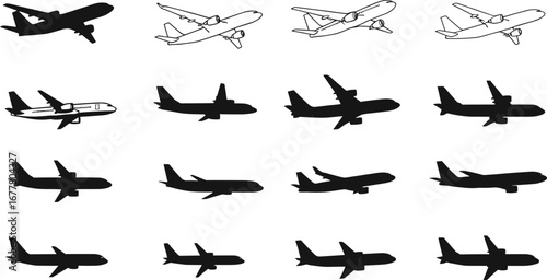 airplane silhouette vector, passenger aircraft outline, commercial jet plane, aviation transport design, airliner profile illustration, travel airplane icon, jet plane silhouette,