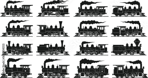Vintage steam locomotive silhouettes, retro train icons, classic railway engine designs, old-fashioned transportation, historical rail travel, antique steam train vector set
