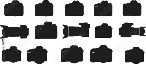 Camera silhouette collection, photography equipment icons, DSLR outline, vintage camera shapes, compact camera design, photo gear illustration, camera vector set