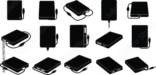 External hard drive silhouettes, portable storage device icons, USB cable connection, data backup equipment, digital storage technology, computer accessories, minimal design illustration