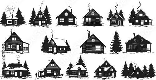 Rustic winter cabin silhouettes, snowy forest houses, pine tree landscape, cozy lodge designs, mountain retreat huts, holiday vacation cottages, vector illustration