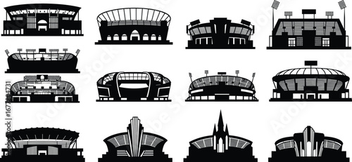Black and white stadium silhouette icons, sports arena vector set, football and soccer venue illustration, architectural design collection, isolated graphic pack