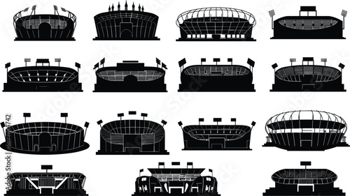 Black and white stadium silhouette icons, sports arena vector set, football and soccer venue illustration, architectural design collection, isolated graphic bundle