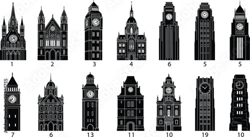 Silhouette, iconic, famous, world, clock, towers, landmarks, architecture, skyline, historic, buildings, travel, tourism, heritage, monument, cityscape, vintage,