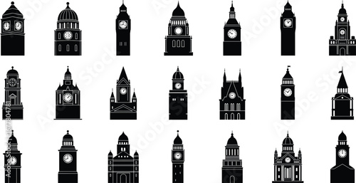 Black silhouette clock towers, vintage architectural landmarks, ornate spire designs, historic civic buildings, iconic timekeeping structures