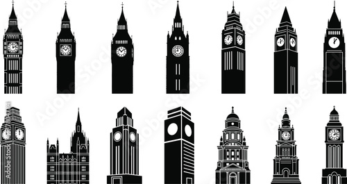 Historic clock tower silhouettes, vintage architectural landmarks, black and white civic buildings, ornate spire designs, iconic timekeeping structures, urban skyline heritage art