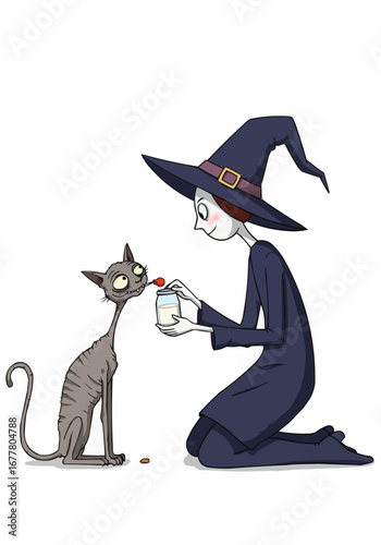 Whimsical Stick Witch Kneeling to Feed Skinny Cat with Milk Vector