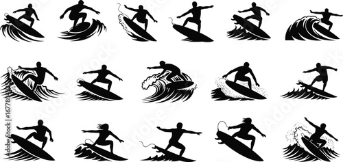 Silhouette surfers riding waves, extreme surfing tricks, ocean sport action, surfboard stunts, beach lifestyle, water adventure, coastal summer holiday illustration