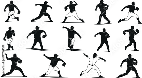 Baseball pitcher silhouette, pitching poses, throwing ball, sports action, athlete motion, dynamic stance, black figure, game illustration, vector art, training sequence