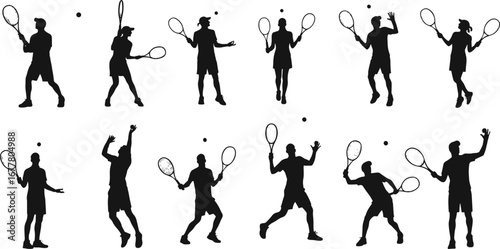 Tennis player silhouettes, racket sport action, serving pose, forehand swing, backhand shot, athletic movement, sports training, competitive tennis, ball strike, match play