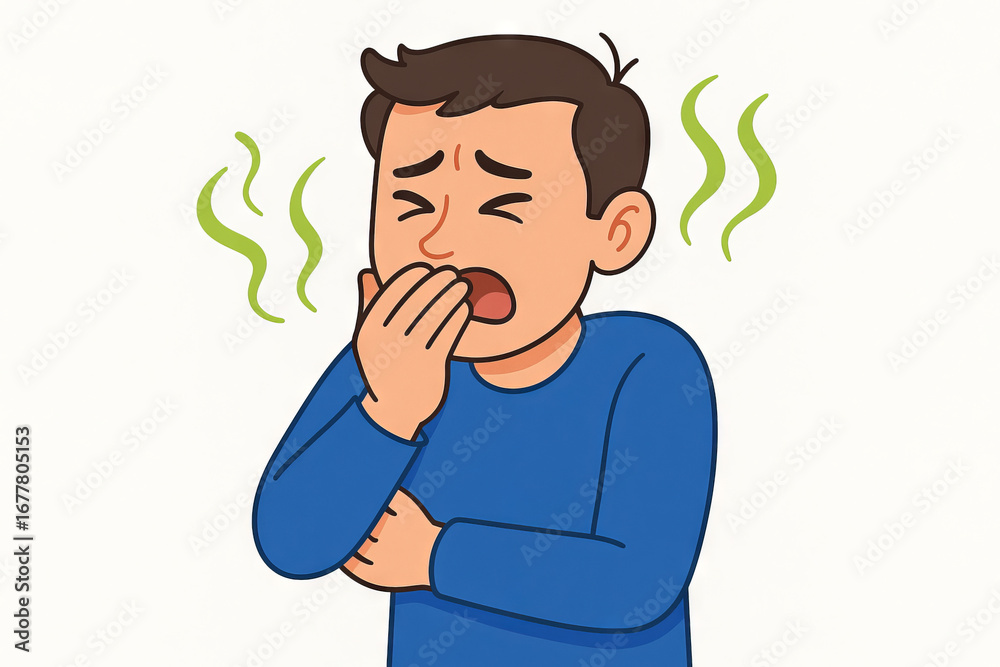 custom made wallpaper toronto digitalIllustration of man with bad breath covering mouth and looking uncomfortable with green smell lines. Concept of halitosis, oral hygiene problem, dental health, unpleasant odor