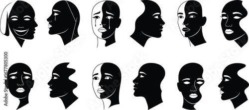 Abstract human face illustrations, black and white portrait art, emotional expression designs, artistic profile silhouettes, duality concept graphics, modern vector artwork