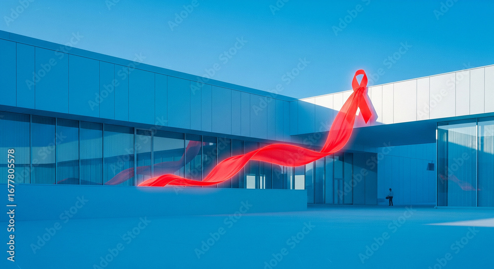 Naklejka premium A Luminous Red Ribbon Unfurling from an Abstract Building