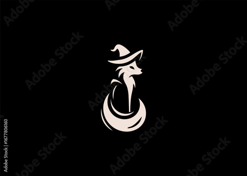 A simple minimalist fox wearing a wizard robe silhouette style, representing cleverness, magic, and mystical insight