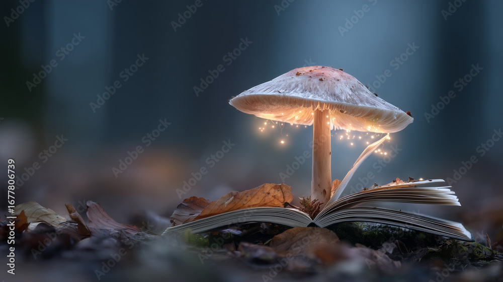Fototapeta premium Whimsical glowing mushroom over an open book surrounded by autumn leaves, evoking fantasy and storytelling in a magical forest setting.