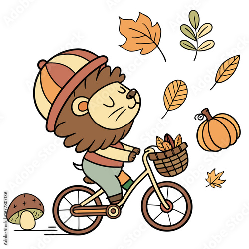 A Bashful Lion with riding a bicycle in a Thanksgiving theme – Harvest Blessings palette SVG illustration