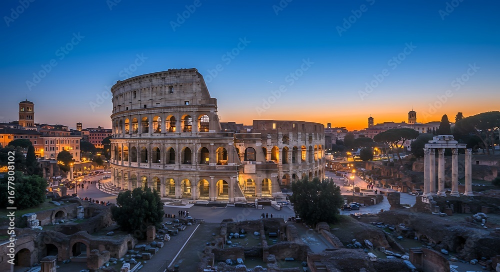 Fototapeta premium Rome's Colosseum illuminated against the evening sky offering a timeless view of ancient