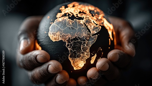 Earth, held gently in hands, glowing African continent