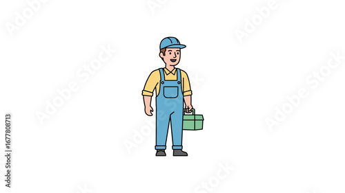 Dedicated service professional cartoon character, equipped with a handy toolbox, ready to assist with various repair and maintenance tasks