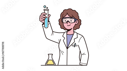 Female scientist conducts an experiment in a laboratory, holding a test tube with a bubbling blue liquid, demonstrating scientific research and discovery