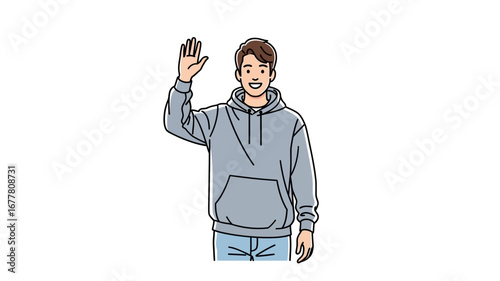 A friendly and approachable young man in a casual grey hoodie, cheerfully raising his hand in a welcoming wave, conveying a warm greeting or acknowledgment