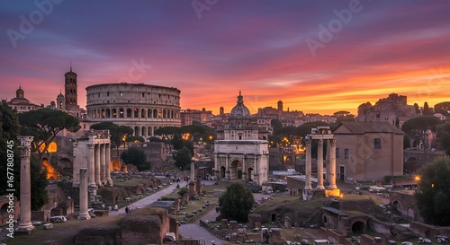 Rome's timeless beauty captured at sunset, revealing its ancient landmarks under a colorful sky