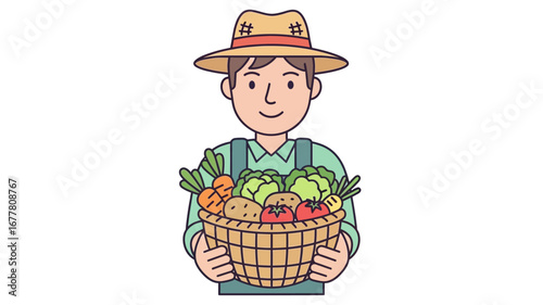 Smiling cartoon farmer proudly presents his bountiful harvest of fresh, organic vegetables in a rustic woven basket, embodying healthy eating and sustainable agriculture