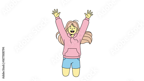 Joyful young woman with arms raised in triumphant celebration, radiating pure happiness and excitement. A vibrant moment of elation, symbolizing success and positive energy