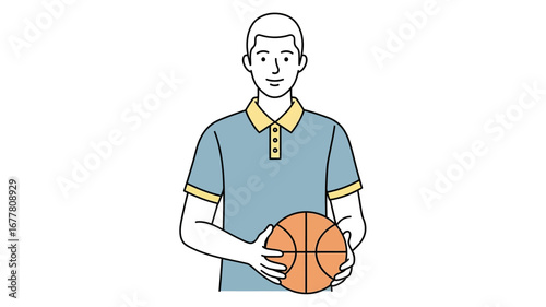 Graphic illustration of a young man presenting a basketball, symbolizing sports, recreation, and athletic spirit in a simple art style with a clean aesthetic